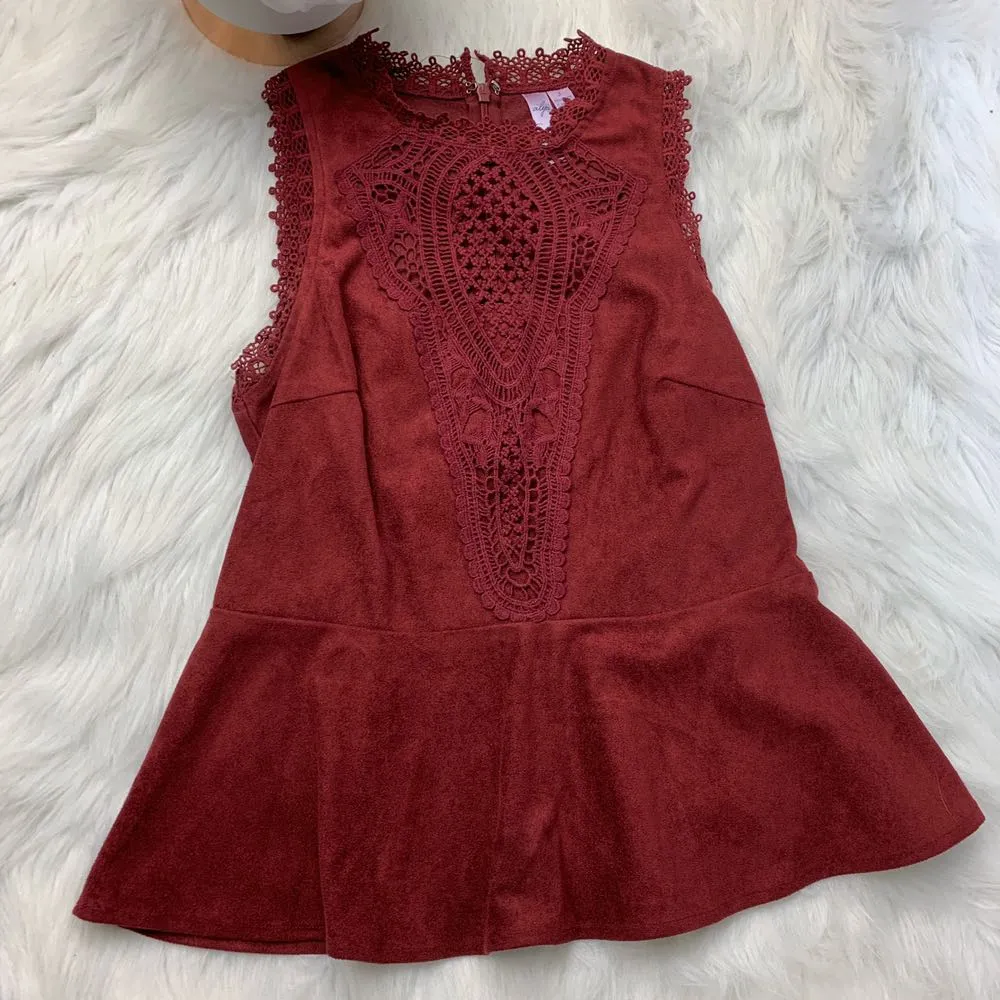 Burgundy Suede Peplum Tank Top - Image 2