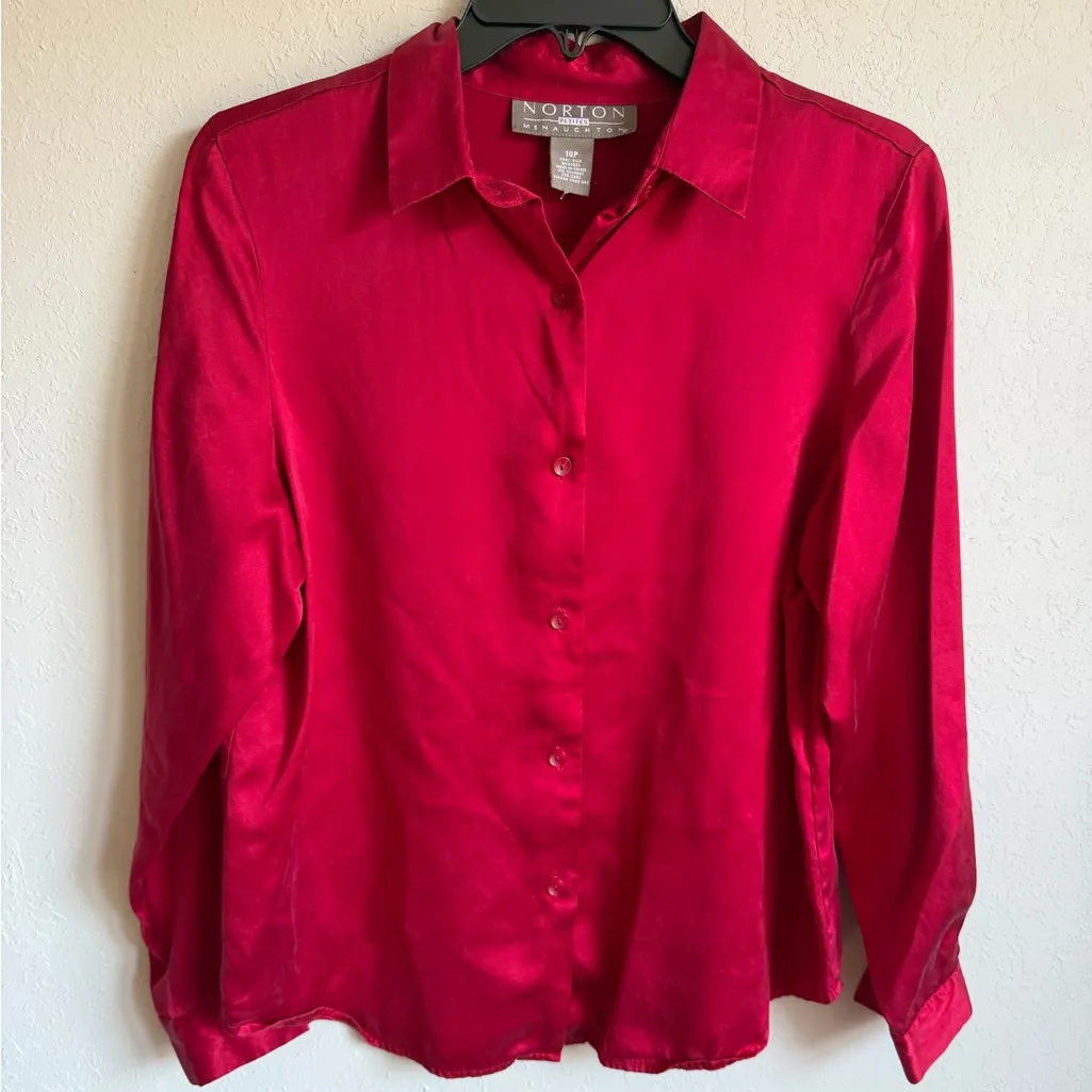 Norton McNaughton Red 100% Silk Button Down Blouse Womens 10P Holiday Shiny Soft - Image 1