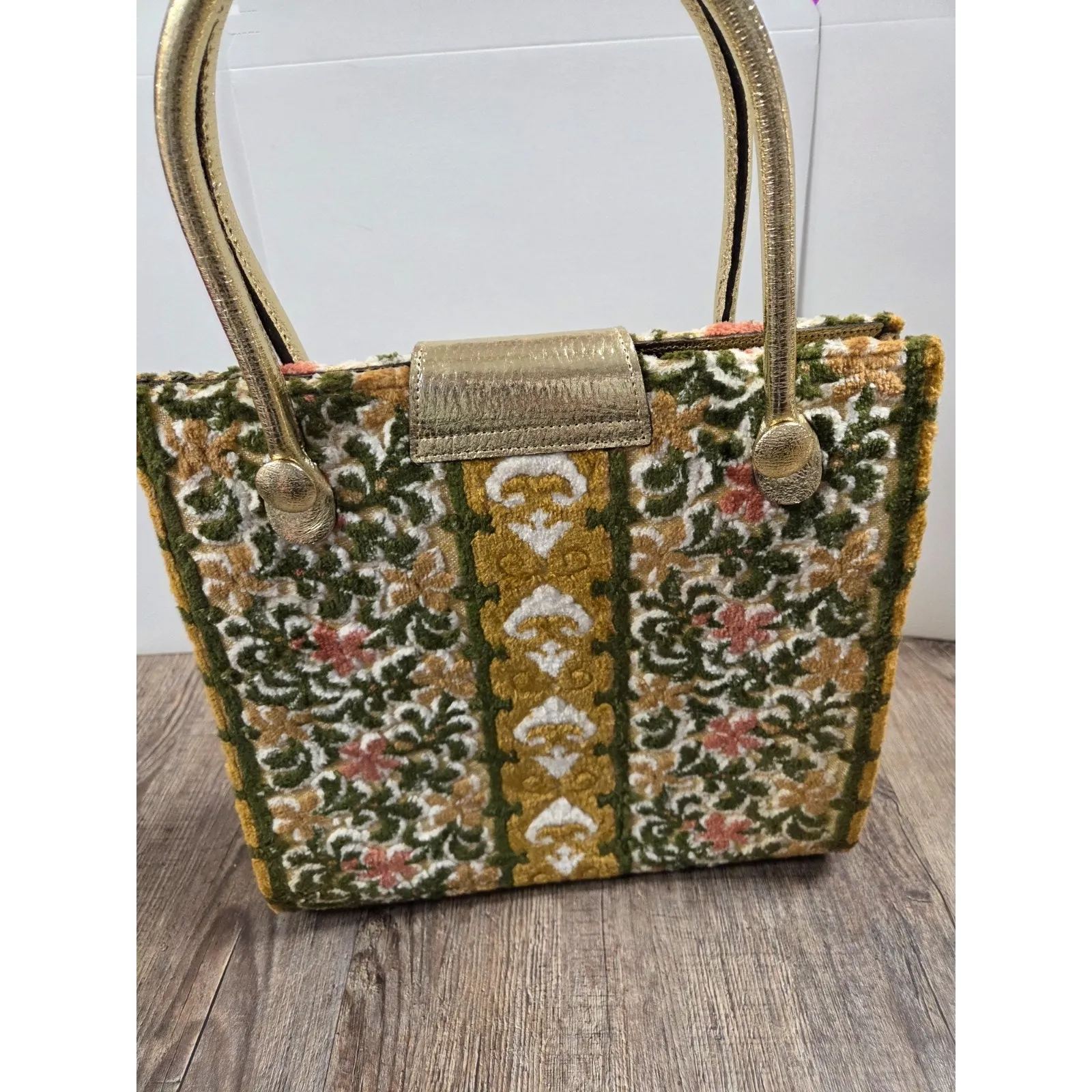 Mahler of California Carpet Purse floral Gold Handles Twist Lock Tote - Image 6