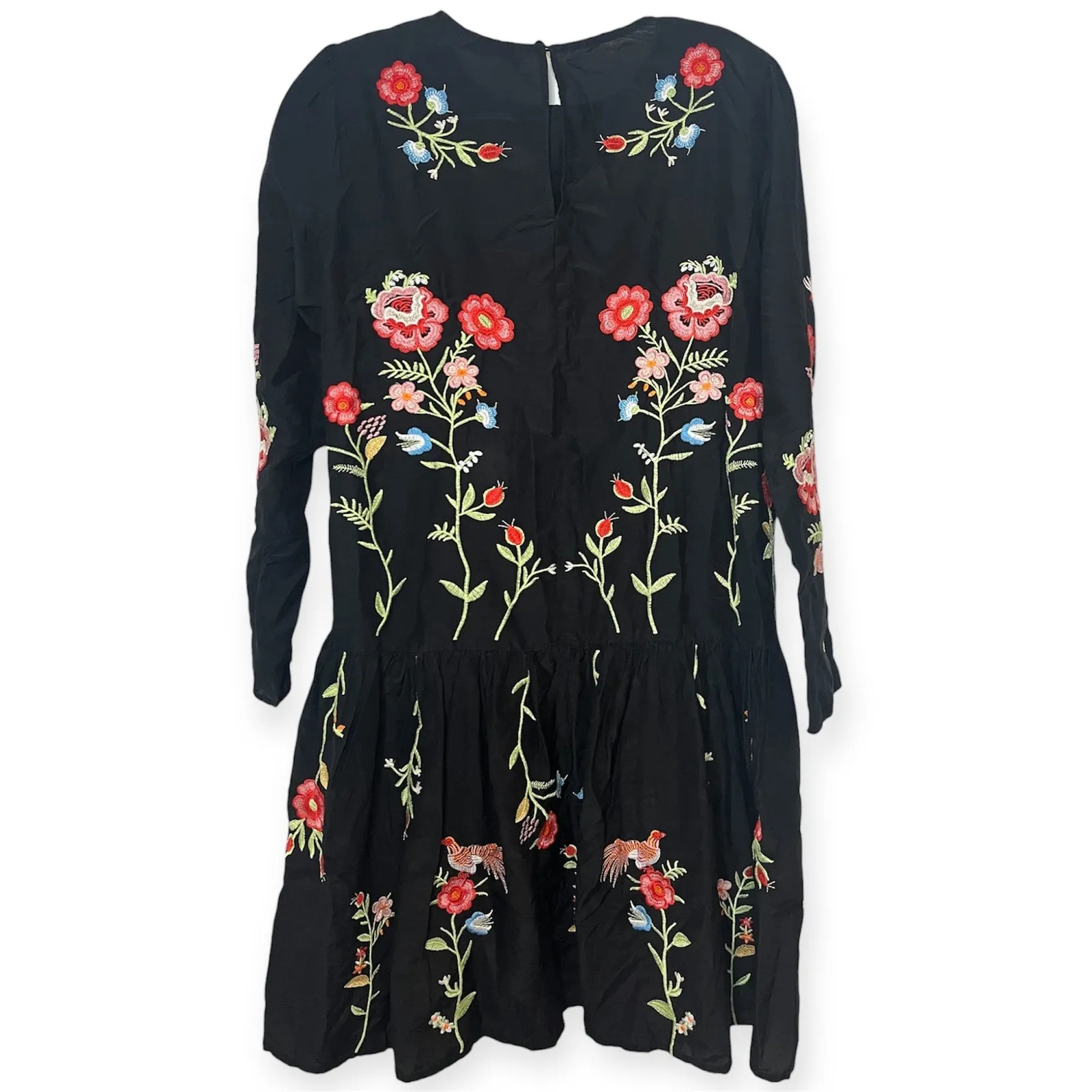 Zara Embroidered Bird & Floral Black Shift Dress Cottagecore Bohemian Sz Small - Image 10