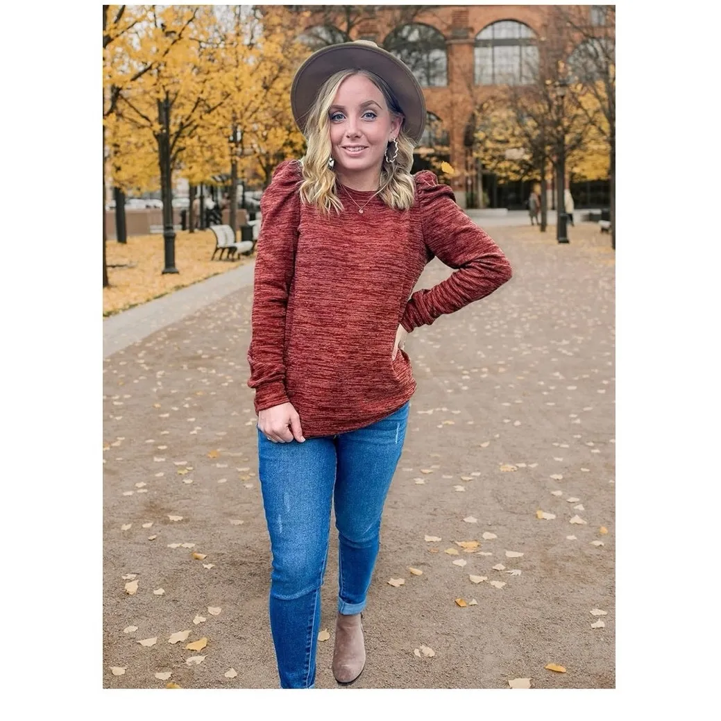 NWOT Orange Crewneck‎ Sweater for Women Puff Sleeve Sm - Image 3