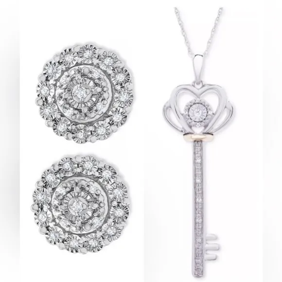 R H Macy 925 sterling 10k gold, diamond heart key pendant & diamond earrings set - Image 16