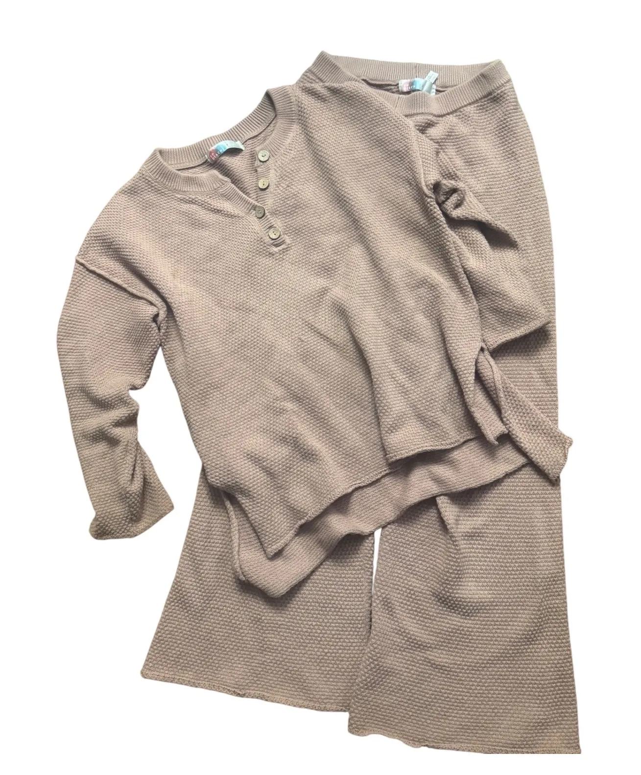 Free People Beach Hailee Waffle Knit Lounge Set Cozy Coastal Boho Small Relaxed - Image 1