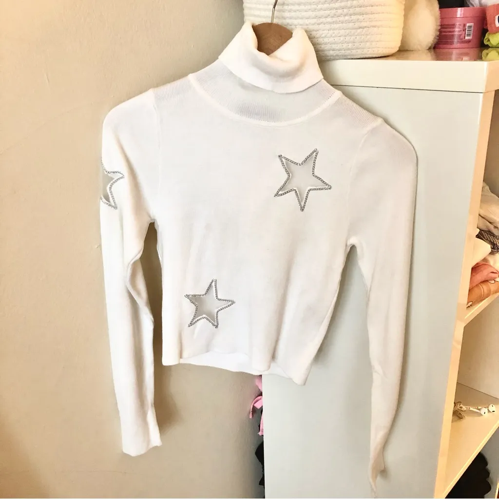 Soft White Ribbed turtleneck with Mesh Star Design - Image 4
