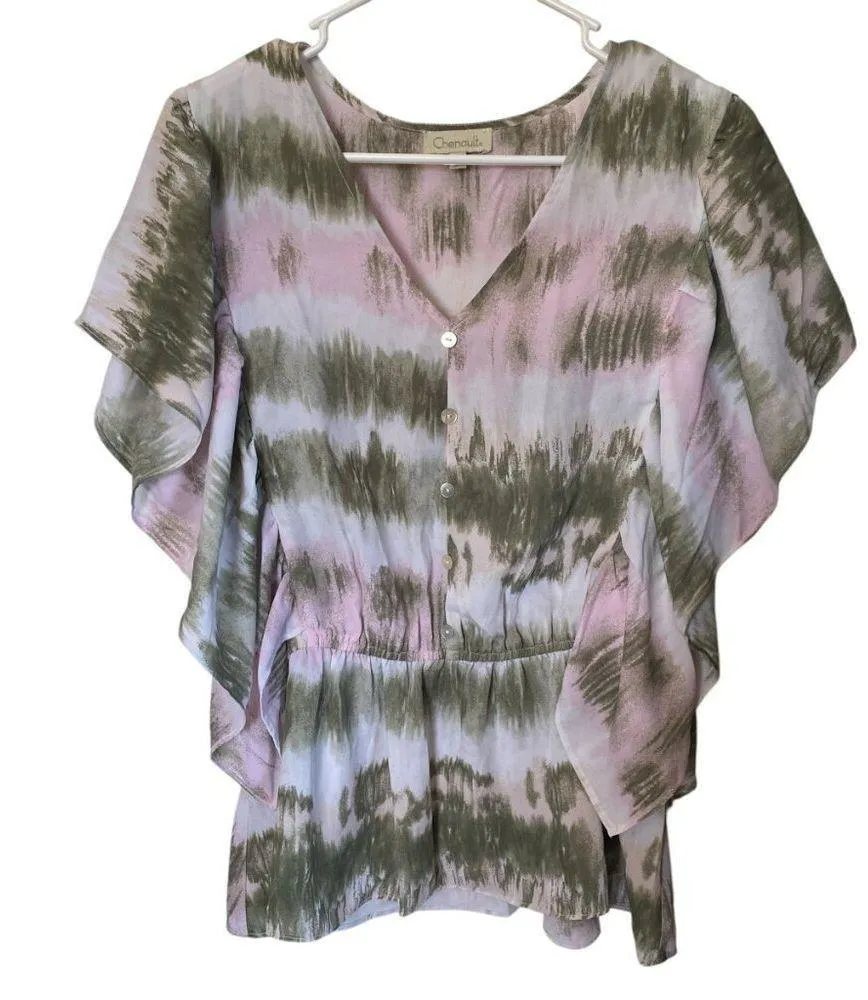 Chenault olive green pink pullover sheer v-neck peplum top flutter sleeves XL - Image 8