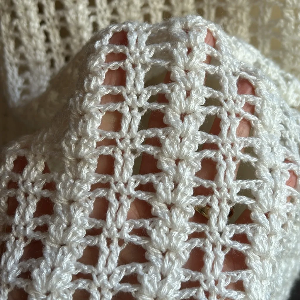 Vintage crochet open weave sweater with pink and blue granny square accents - Image 5