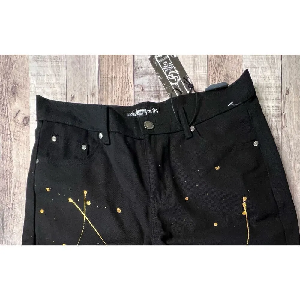 Uncut Denim Co. Y2K Painted‎ Black 12" Knee Length Denim Shorts sz 34 NWT - Image 2
