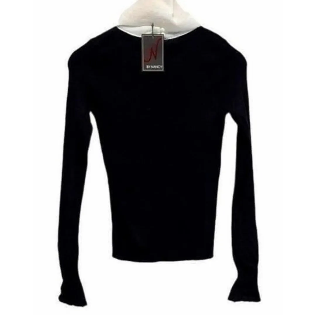Nancy Yang Sweater Large Black Bell Cuffs Ribbed Knit Keyhole Button Closure NEW - Image 5