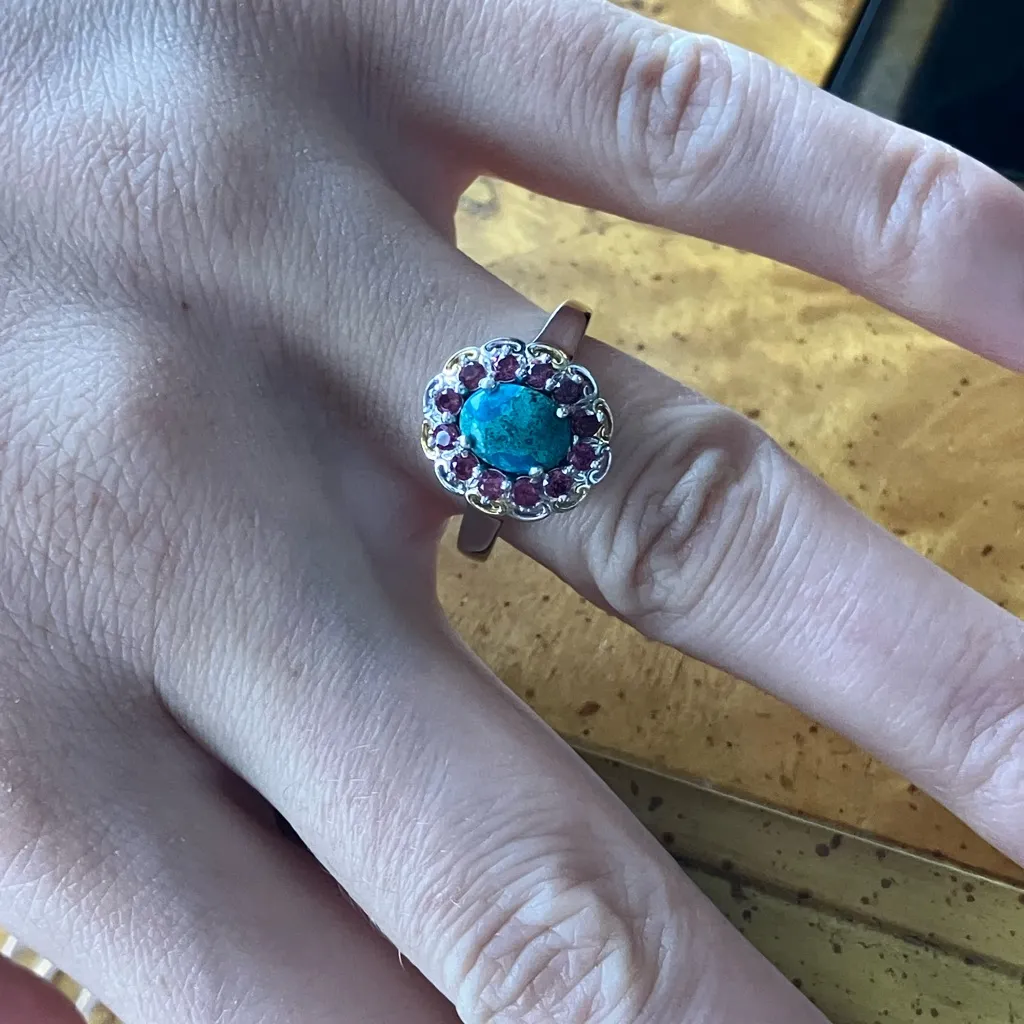 Chrysocolla Orissa Garnet Halo Ring Size 7 Silver - Image 4