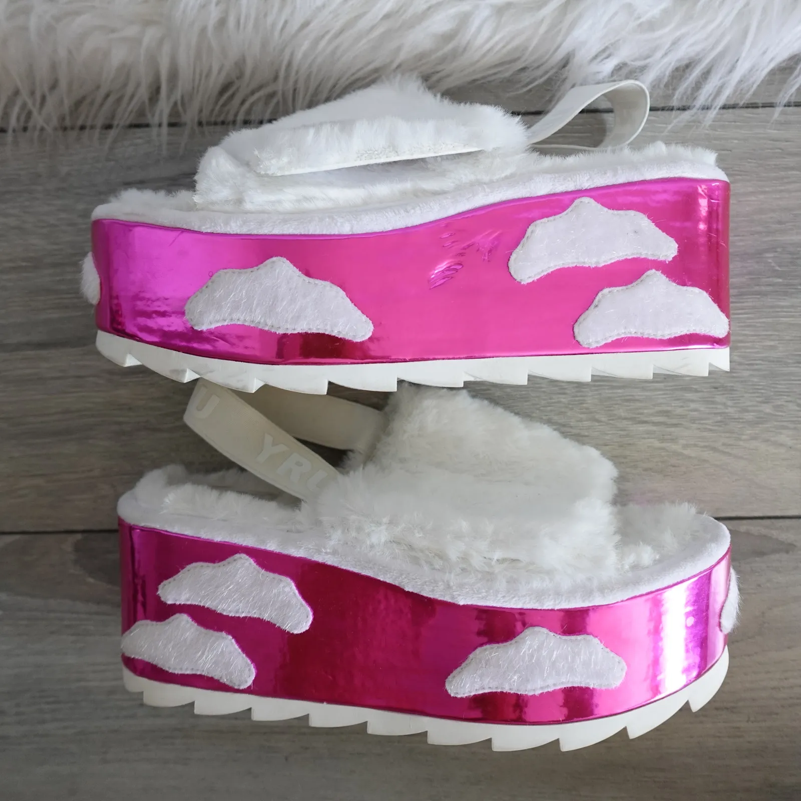 Dolls Kill YRU Metallic Pink White Fluffy Cloud Slingback Sandal Platform Shoes - Image 3