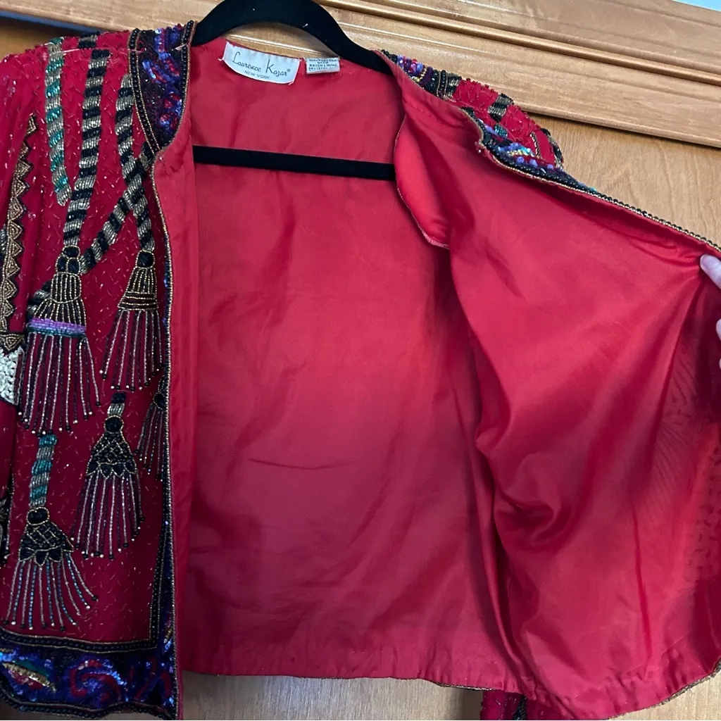 Vintage Laurence Kazar Silk Beaded Jacket Red Size Small 80s Funky Art to Wear - Image 15