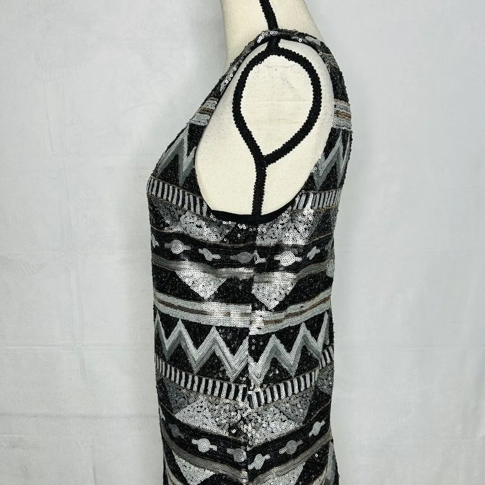 One Love Clothing Sequin V-Neck Minidress Aztec Silver Black Gold Women's Sz M - Image 5