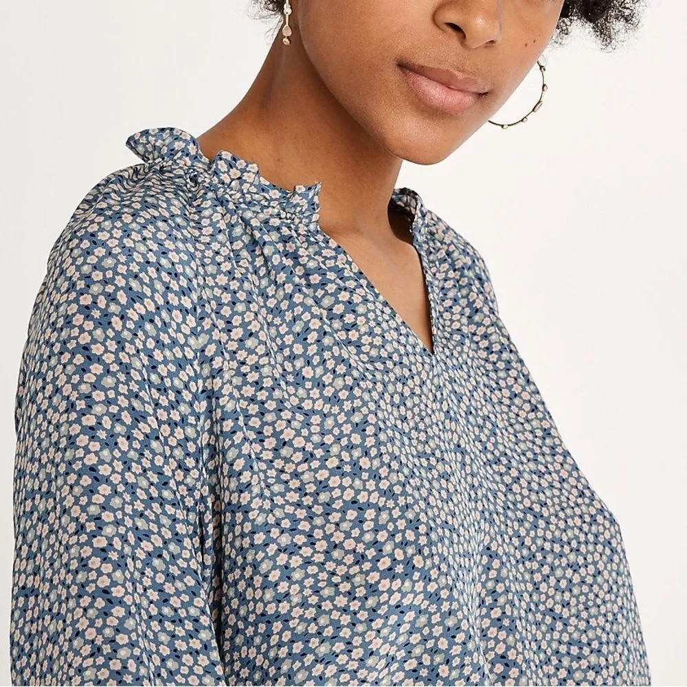 Madewell 100% Silk Poet Top Dusty Slate Blue & Cream Bitsy Floral Size Medium - Image 10