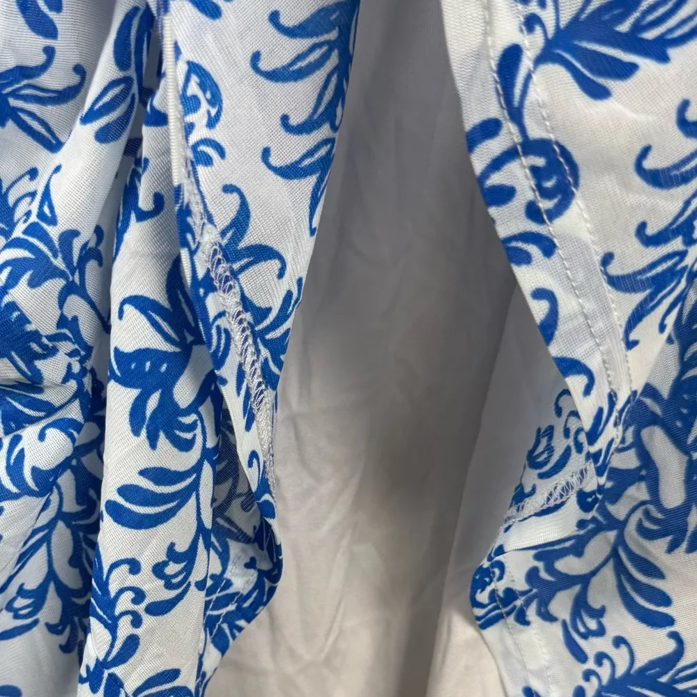 Cottagecore Blue White Damask Print Ruffle Hem Large Pullover Lined Boho Tank - Image 6