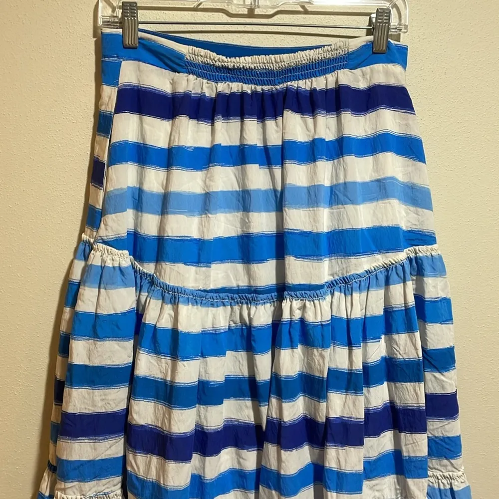 Anthropologie Maeve A-Line Blue White Striped High Low Tiered Midi Skirt Small - Image 12