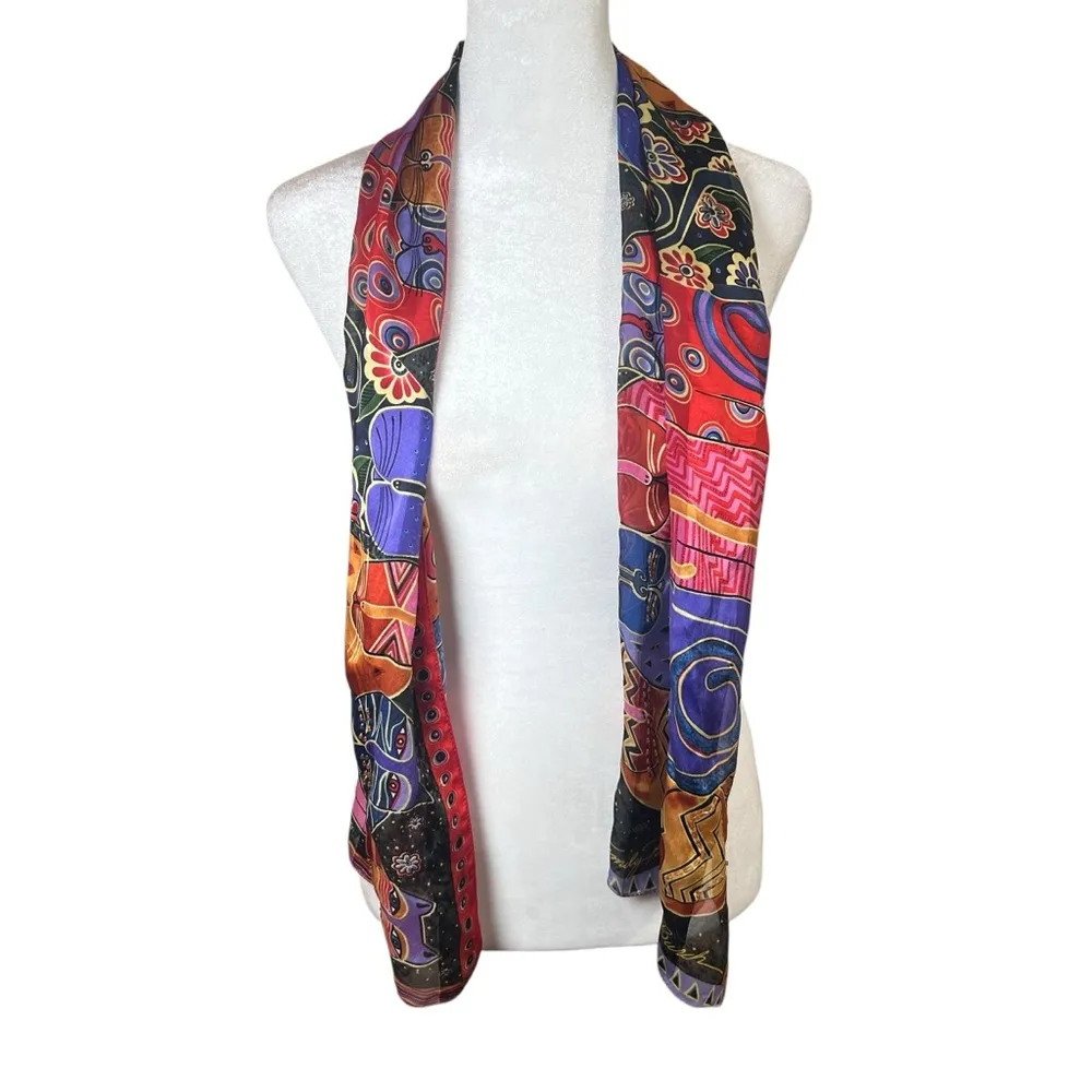 Vintage Laurel Burch Feline Family Portrait Cat Scarf 100% Silk Beaded Sequins Pink - Image 7