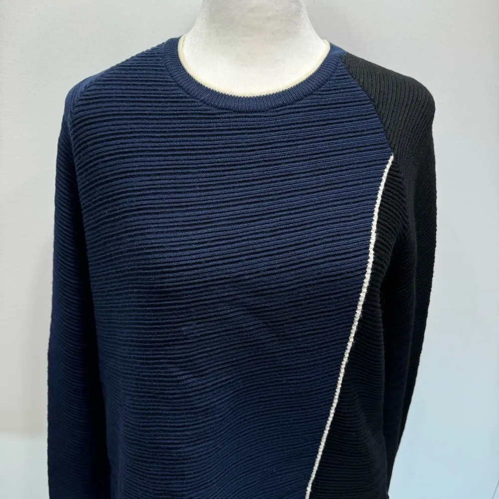 Jonathan Simkhai Blue & Black Colorblock 100% Wool Ribbed Fringed Sweater Luxury - Image 7