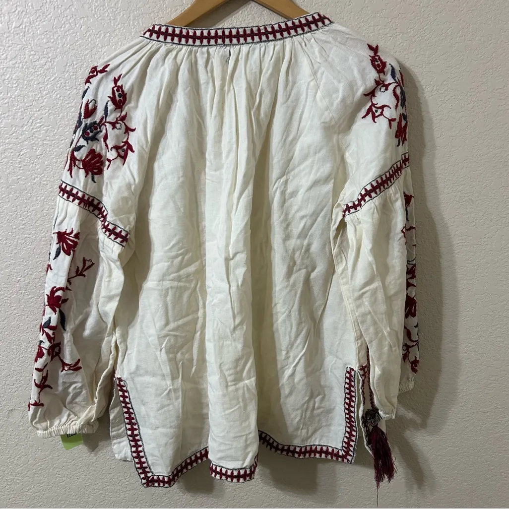 Zara Peasant Floral Embroidered Blouse in White - Size Large - Image 5