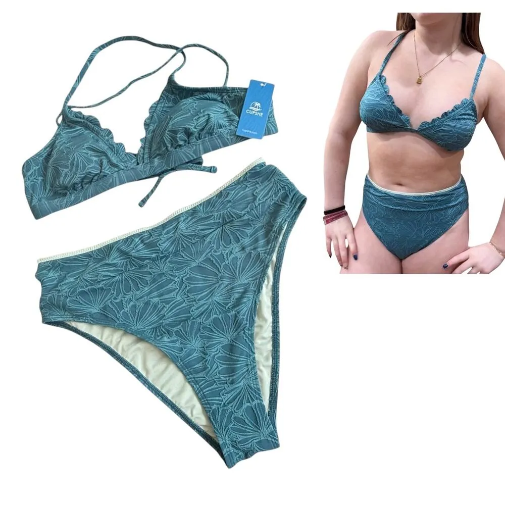 NEW Cupshe SWIMSUIT Women's BIKINI Set MED Scalloped Cross Back High Waist Green - Image 11