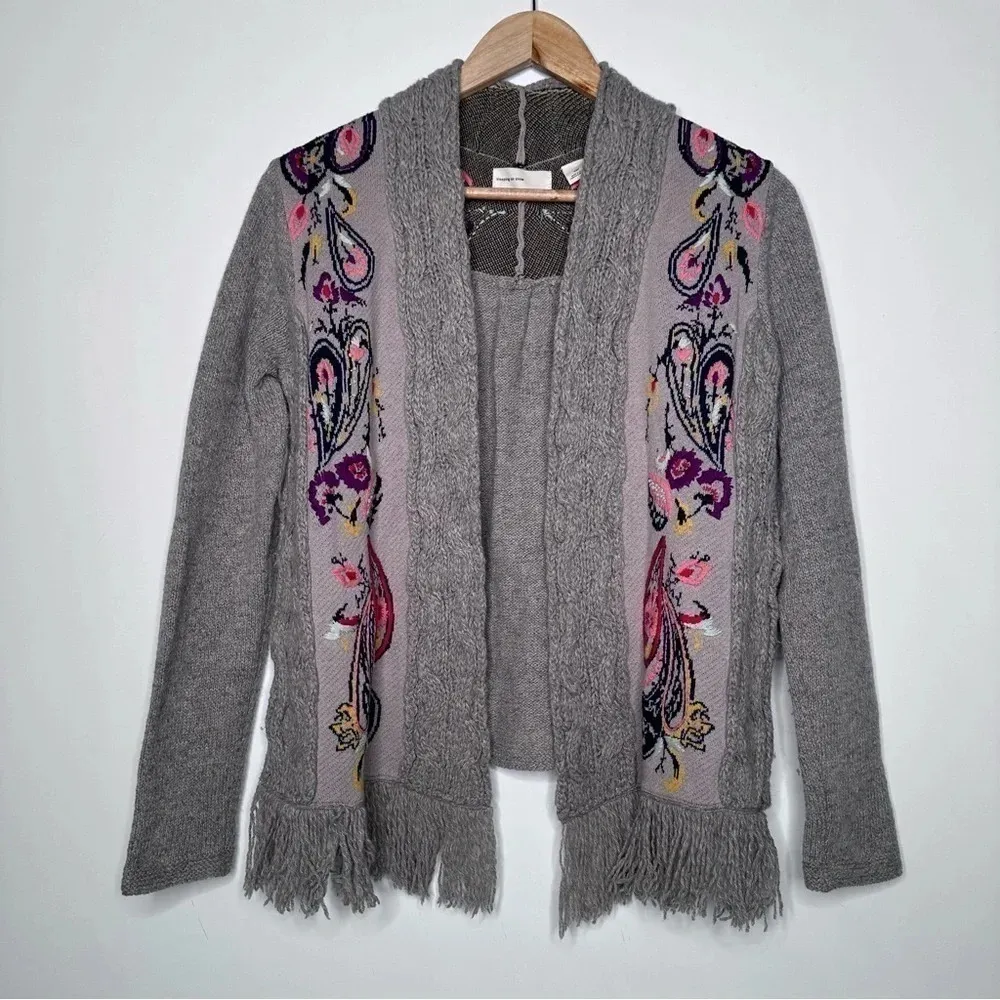Anthropologie Sleeping On Snow  Folklore Embroidered Fringe Hem Cardigan - Image 3