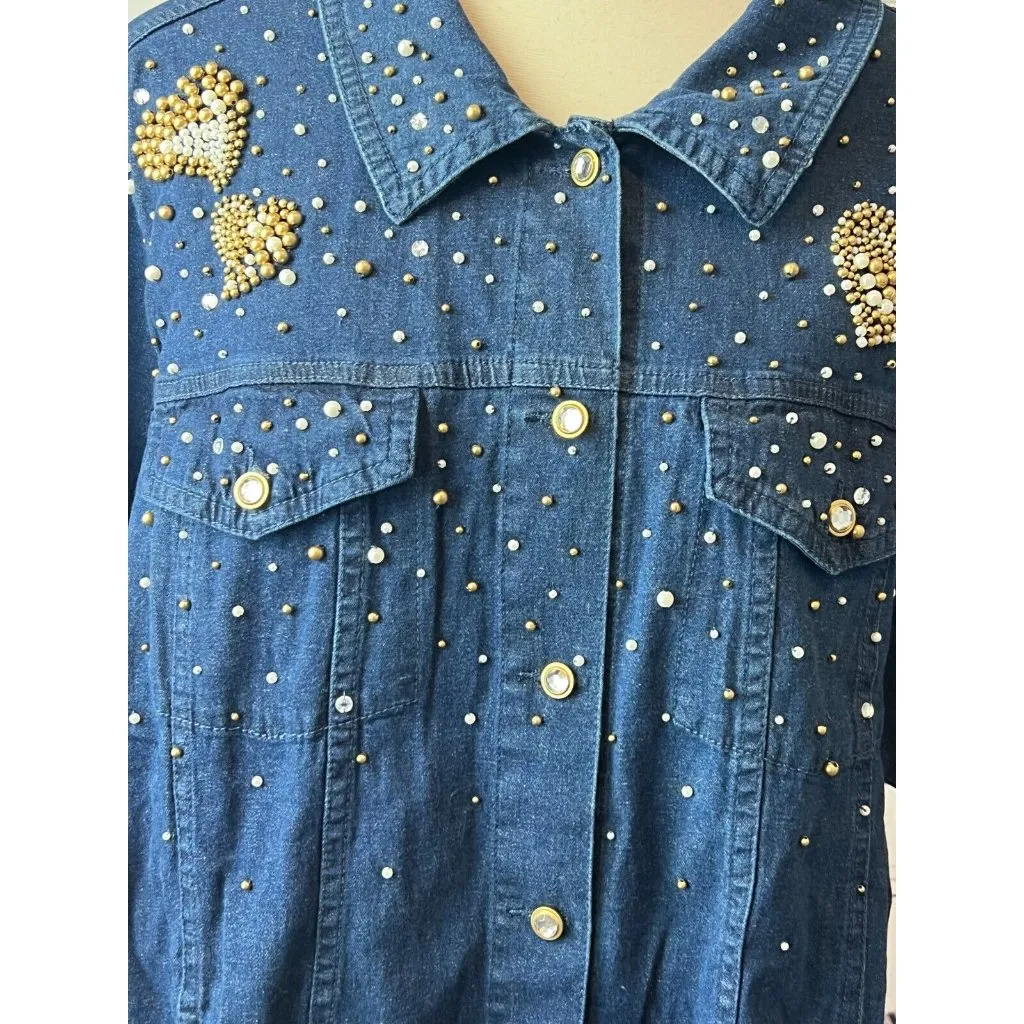 Quacker Factory Denim Trucker Jacket Plus size 1X Jean coat NWT Full Zip Studded - Image 10