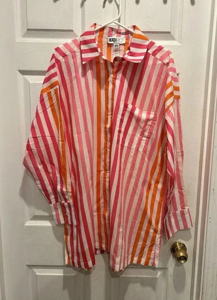 Beach Riot Alexa Coverup Sunset Pink Red Striped Button Front Petite Large - Image 1