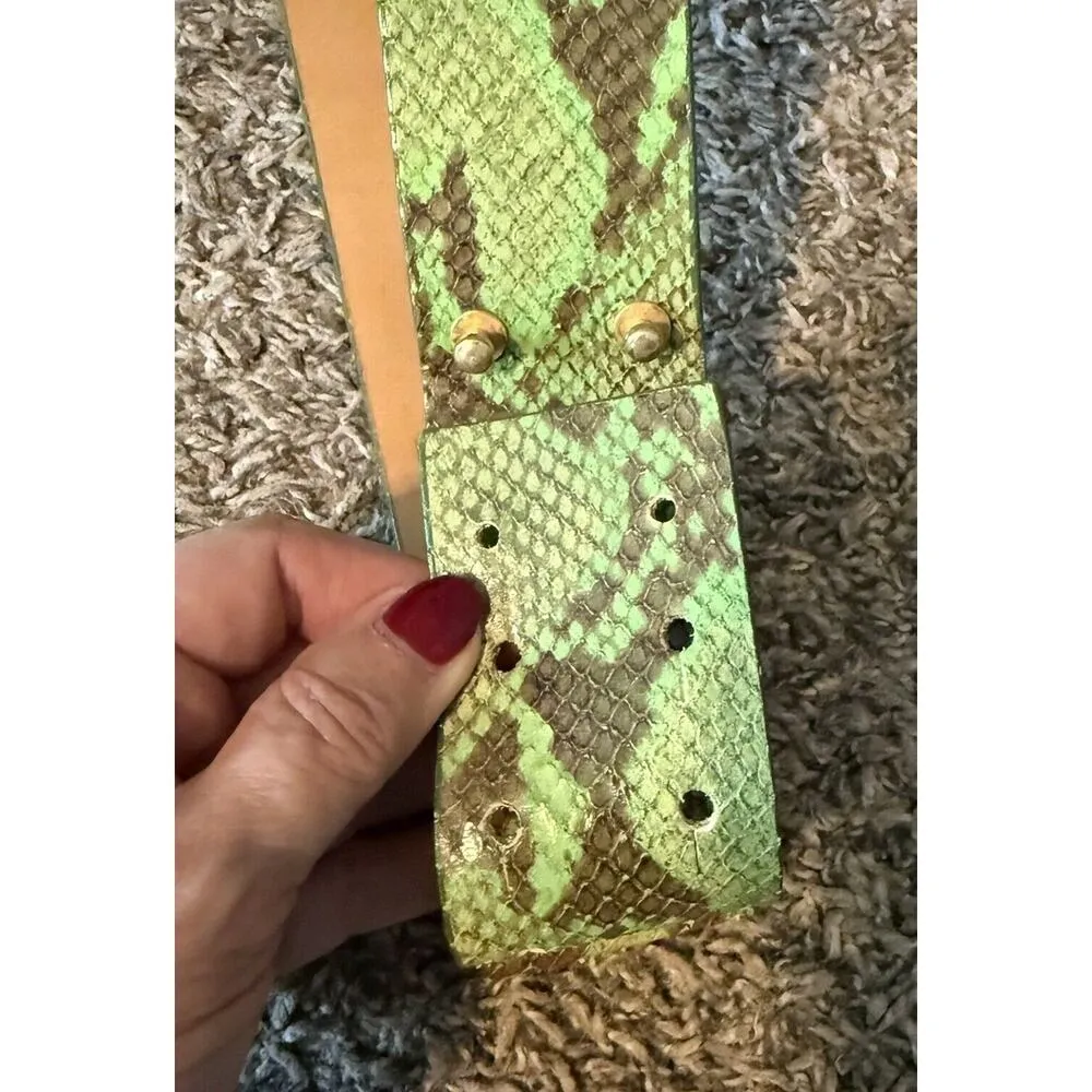 W. Kleinberg Vegan Leather Belt Size Small Embossed Python Lime Green Brown - Image 4