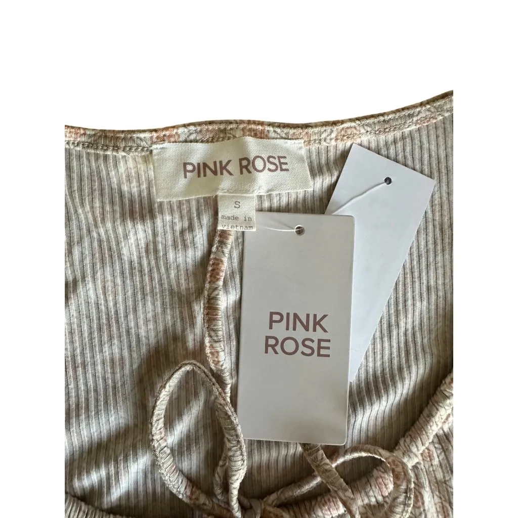 Pink Rose Y2k Style Crop Top Drawstring Detail Ribbed Scoop Neck Floral Print S - Image 4