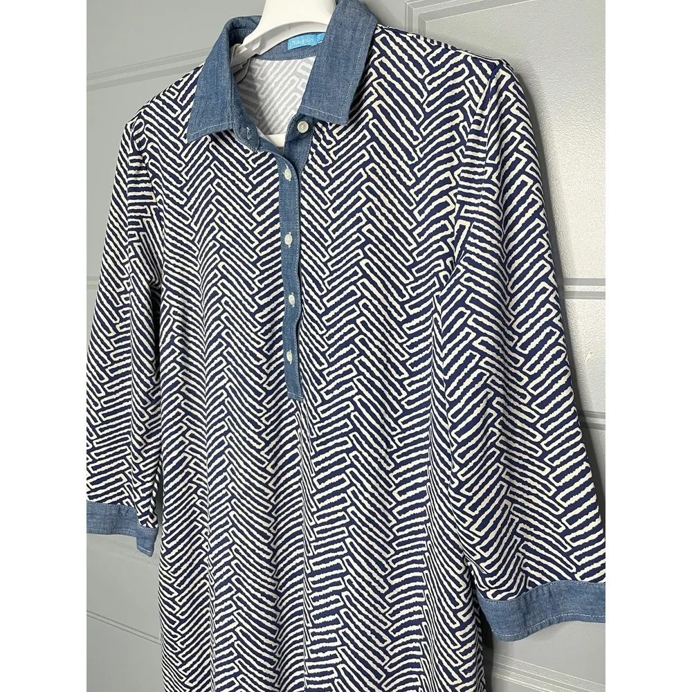 J McLaughlin Blue White Geometric Print Shift Dress Chambray Trim Size Large - Image 4