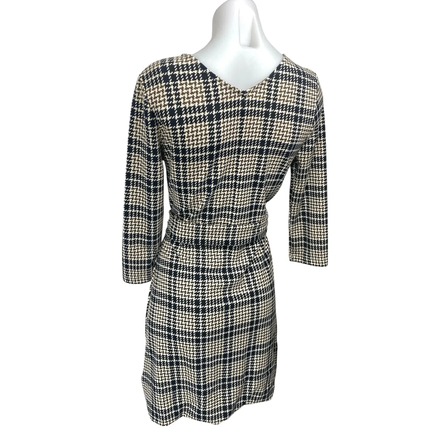 Lands' End Brown Houndstooth Plaid Faux Wrap Belted Mini A-line Dress Size 6-8 - Image 2
