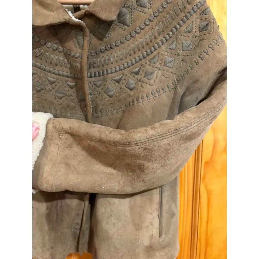 Theory Shearling Suede Embroidered Jacket Brown Lamb Fur Sherpa Lined Sz 4 read - Image 5