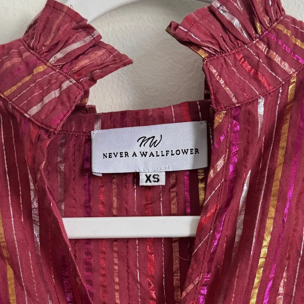 Never A Wallflower High Neck Dress Size XS Metallic Stripe Puff Sleeve Pink Red - Image 4