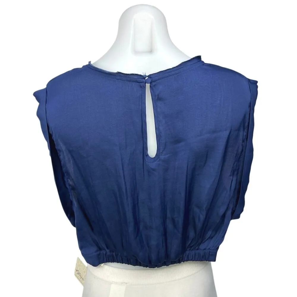 NEW Free People Silk Satin Remi Smokey Sapphire Cuffed Cap Sleeve Crop Top Sz L - Image 3