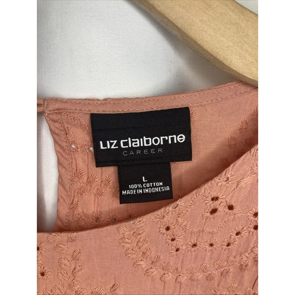 Liz Claiborne Career Peach Women’s Eyelet Top 3/4 Bell Sleeve 100% Cotton L - Image 6