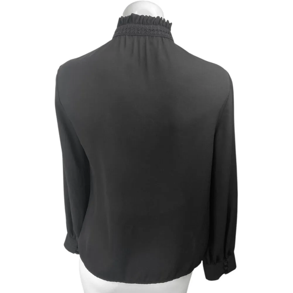 MNG Mango Black Long Sleeve Keyhole Ruffle Button Down Blouse Shirt Top Size 4 - Image 2