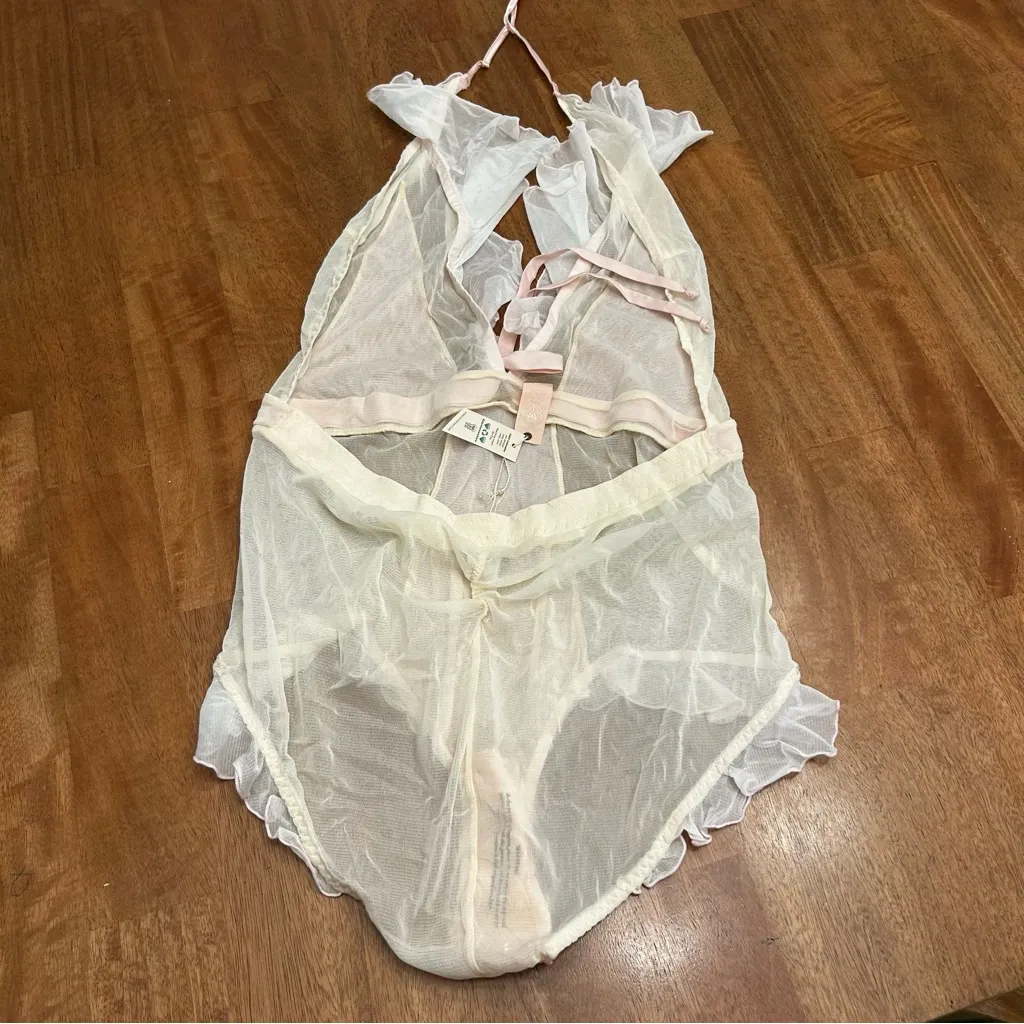 NWT We Are HAH Sheer Lace Ruffle Bodysuit Lingerie Size XL Tan - Image 2