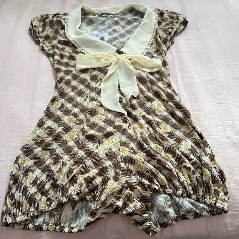 Kimchi Blue Brown and Cream Floral Checkered Romper - Image 3