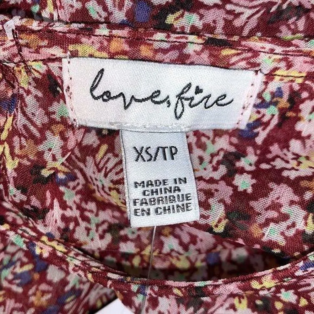 Love, Fire Womens Blouse Top Shirt Ruffled Smocked Hem Sheer Floral Red XS - Image 11