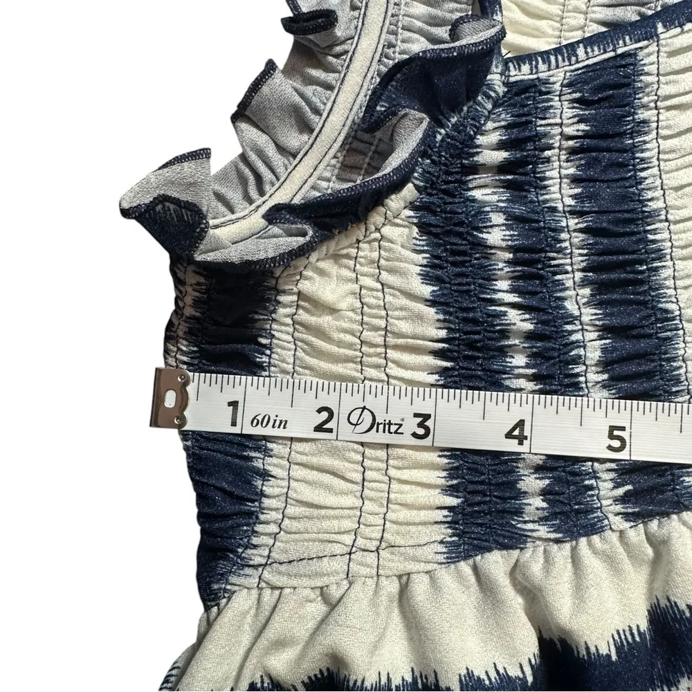 VOY Navy Blue White Striped Smocked Midi Dress Keyhole Short Sleeve medium - Image 9