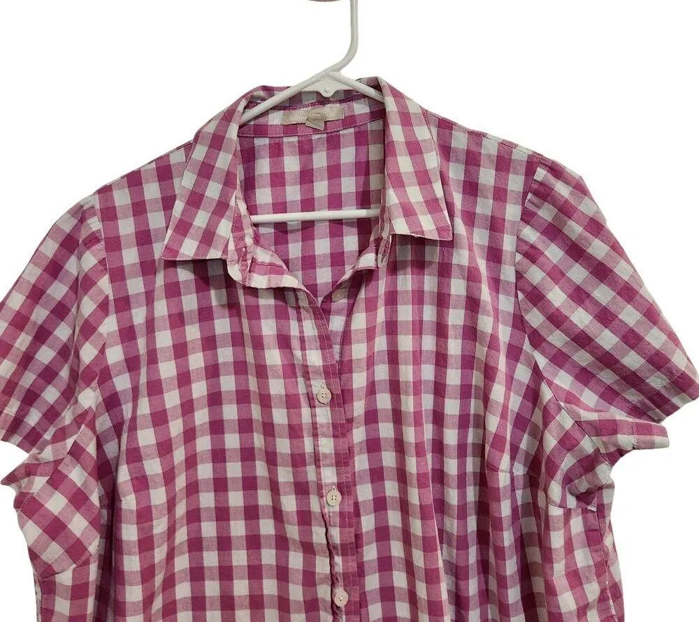 Woman Within Casual Button Up Shirt Short Sleeve Pink Checkered Size XL 18/20 - Image 3