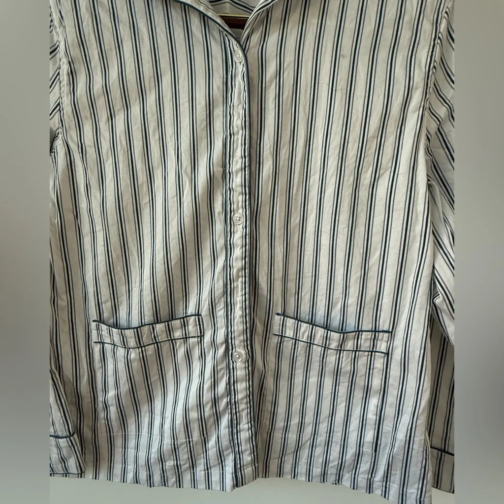 LAKE Pajama Top Striped Cotton Button Front Long Sleeve Sleep Shirt Sz S White - Image 4