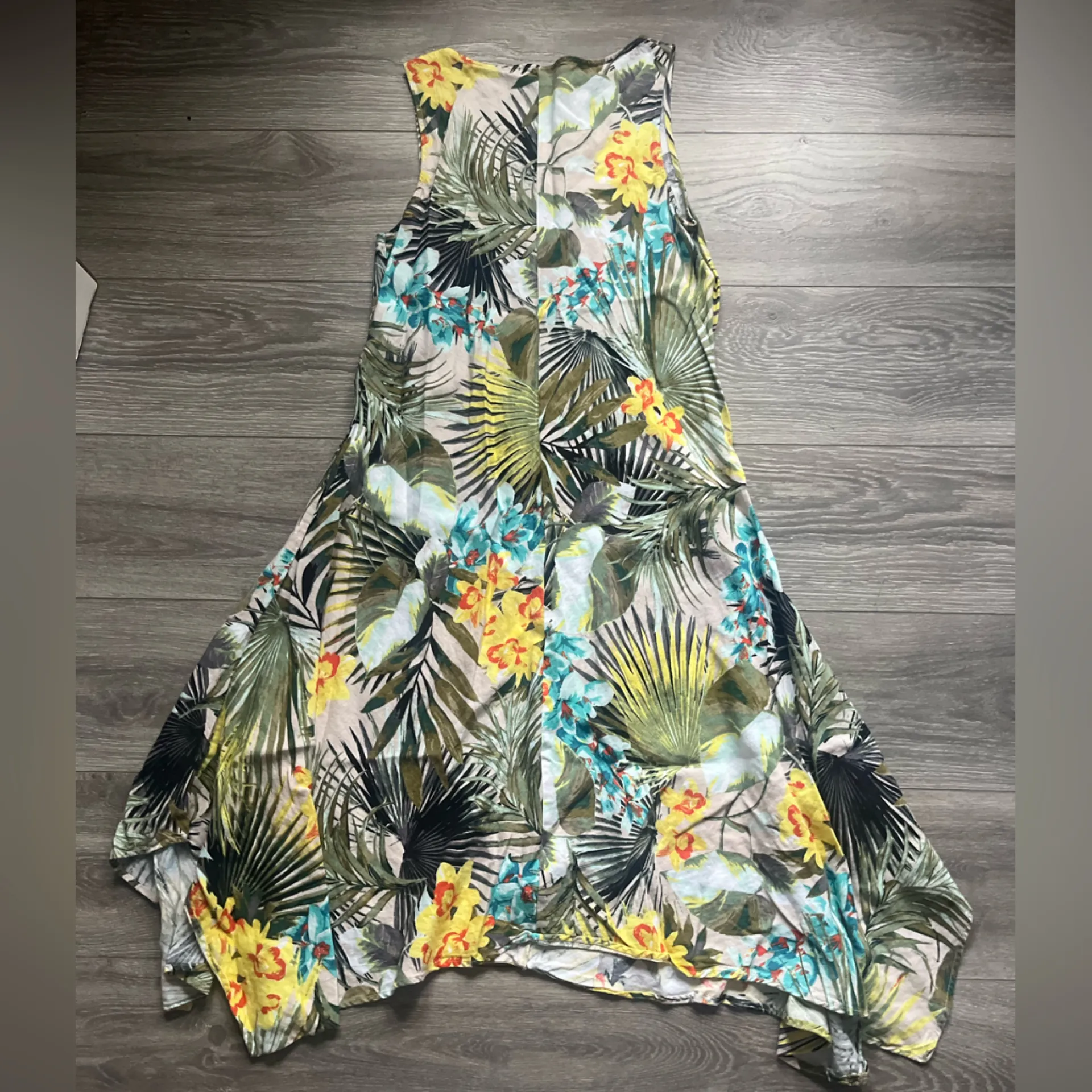 Context Green Yellow Tropical Linen Blend Handkerchief Hem Island Dress Size L Size L - Image 2