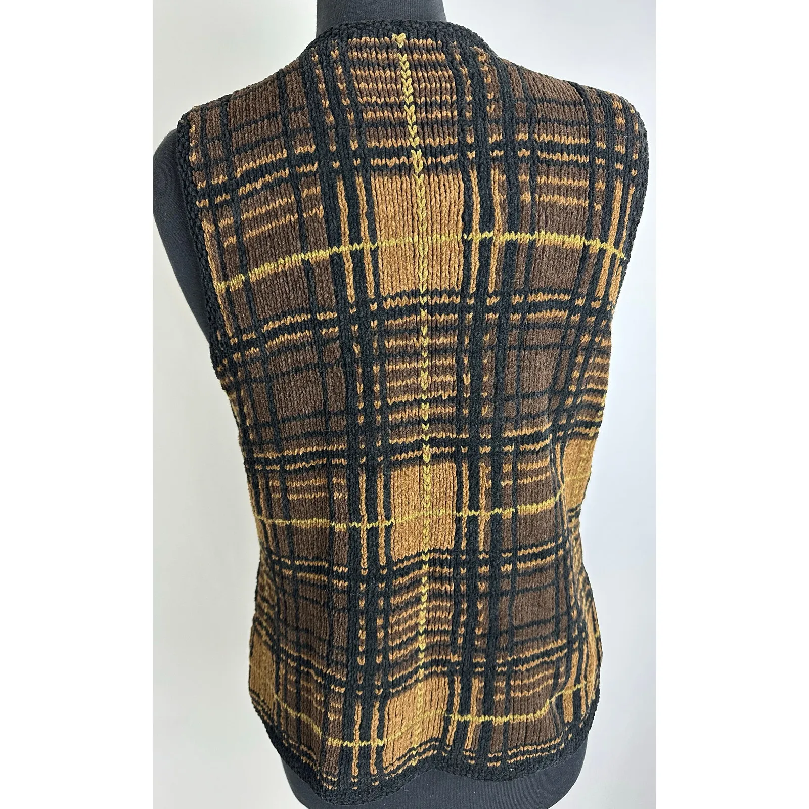 Vintage Harold's Size Large Woven Knit Vest Black Brown Full Zip Retro Hipster - Image 8