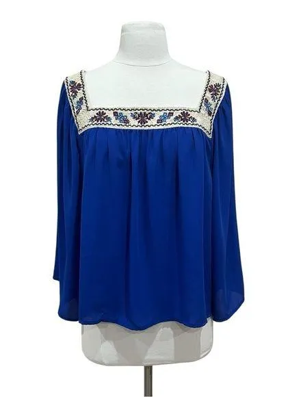 Flying Tomato Blue Blouse with Embroidery and Lace Detail Size XL - Image 1