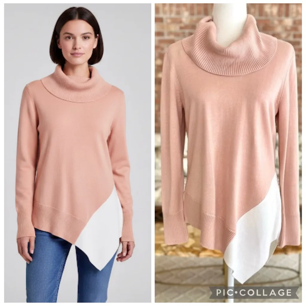 Calvin Klein Sweater Tunic Cowl Neck Color block Asymmetrical M Cozy Casual Soft - Image 2