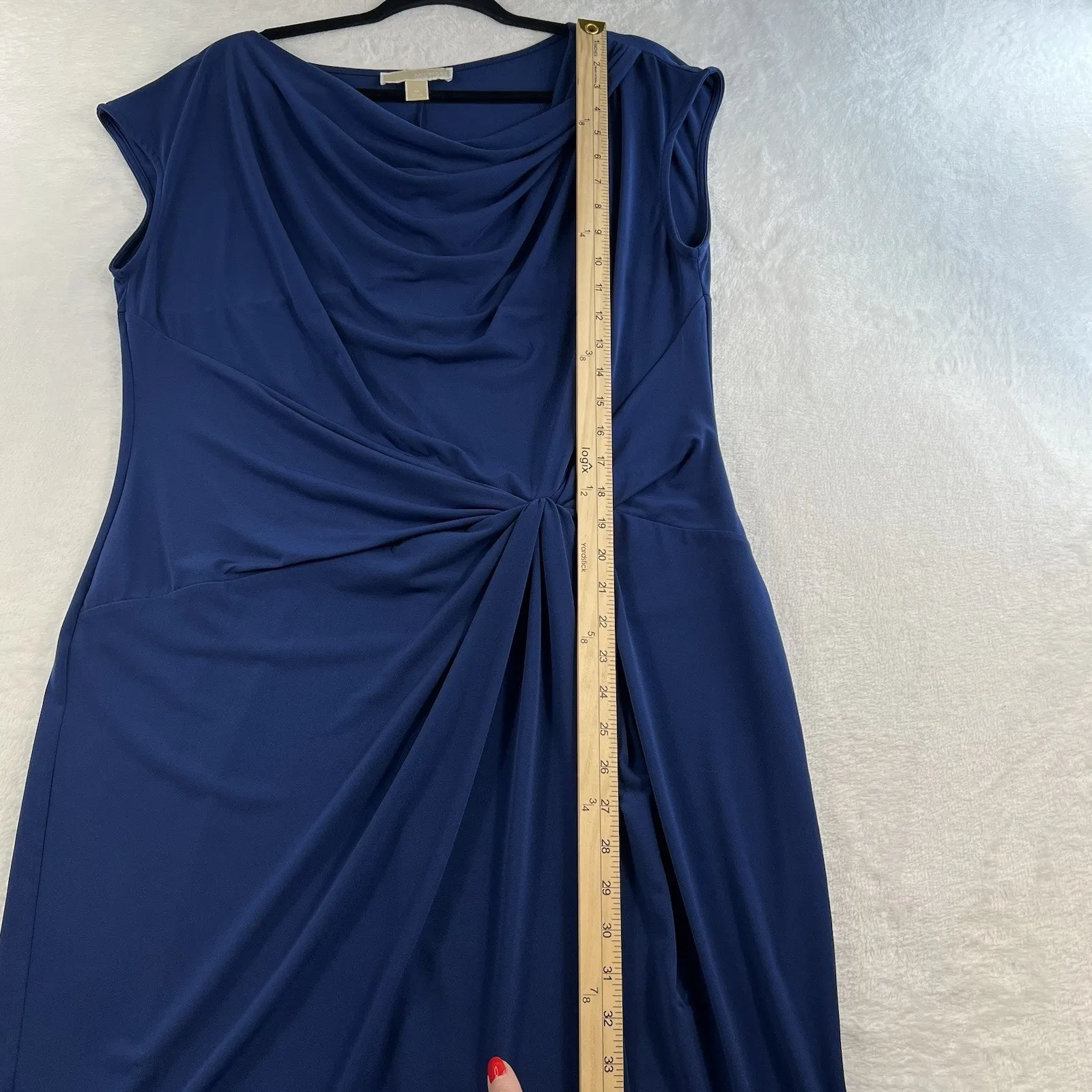 Michael Kors XL Ruched Pencil Dress Draped Flattering Blue Slinky Stretch Womens - Image 12
