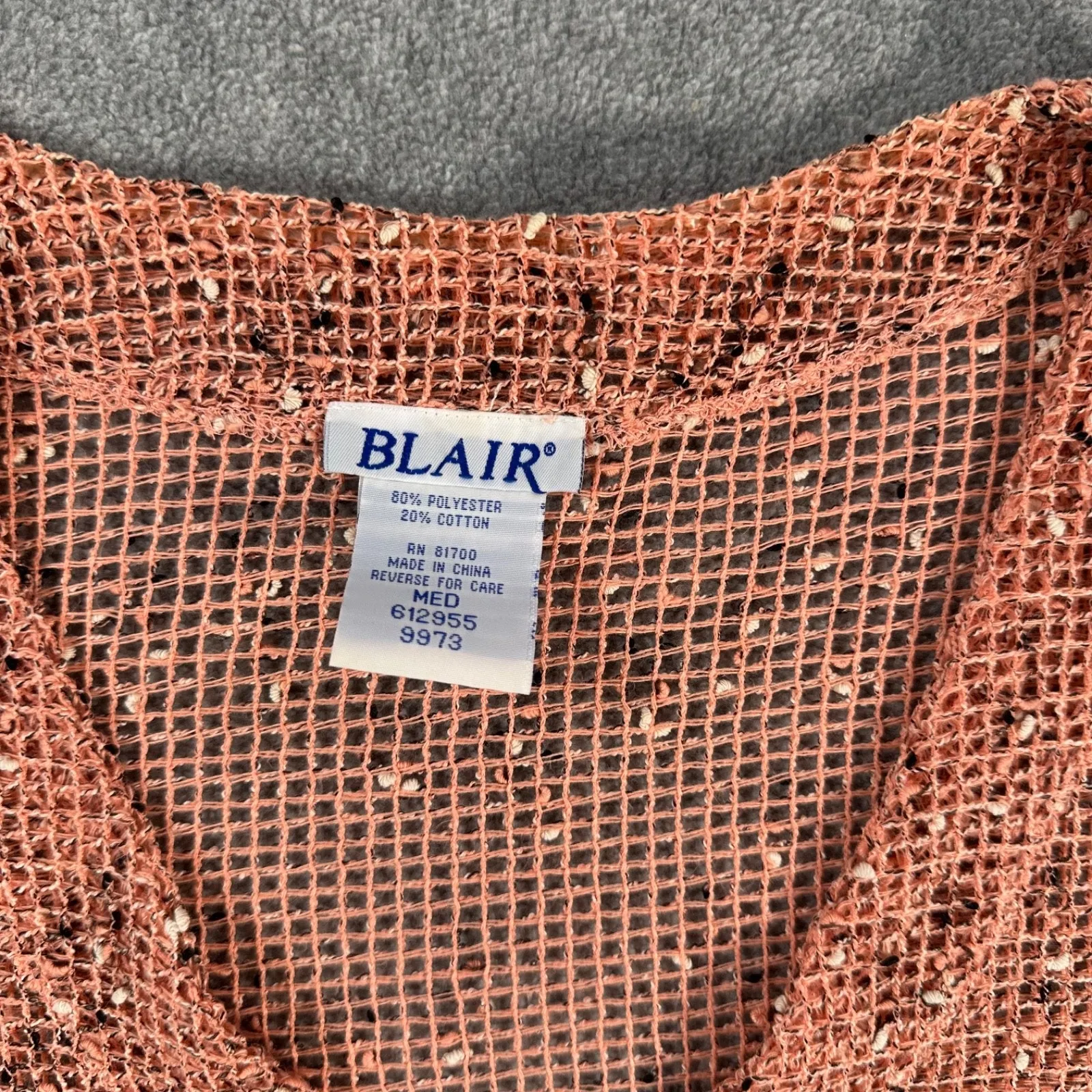 Blair Open Knit Crochet Cardigan Short Sleeve Women's Medium Vintage Peach Pink - Image 3