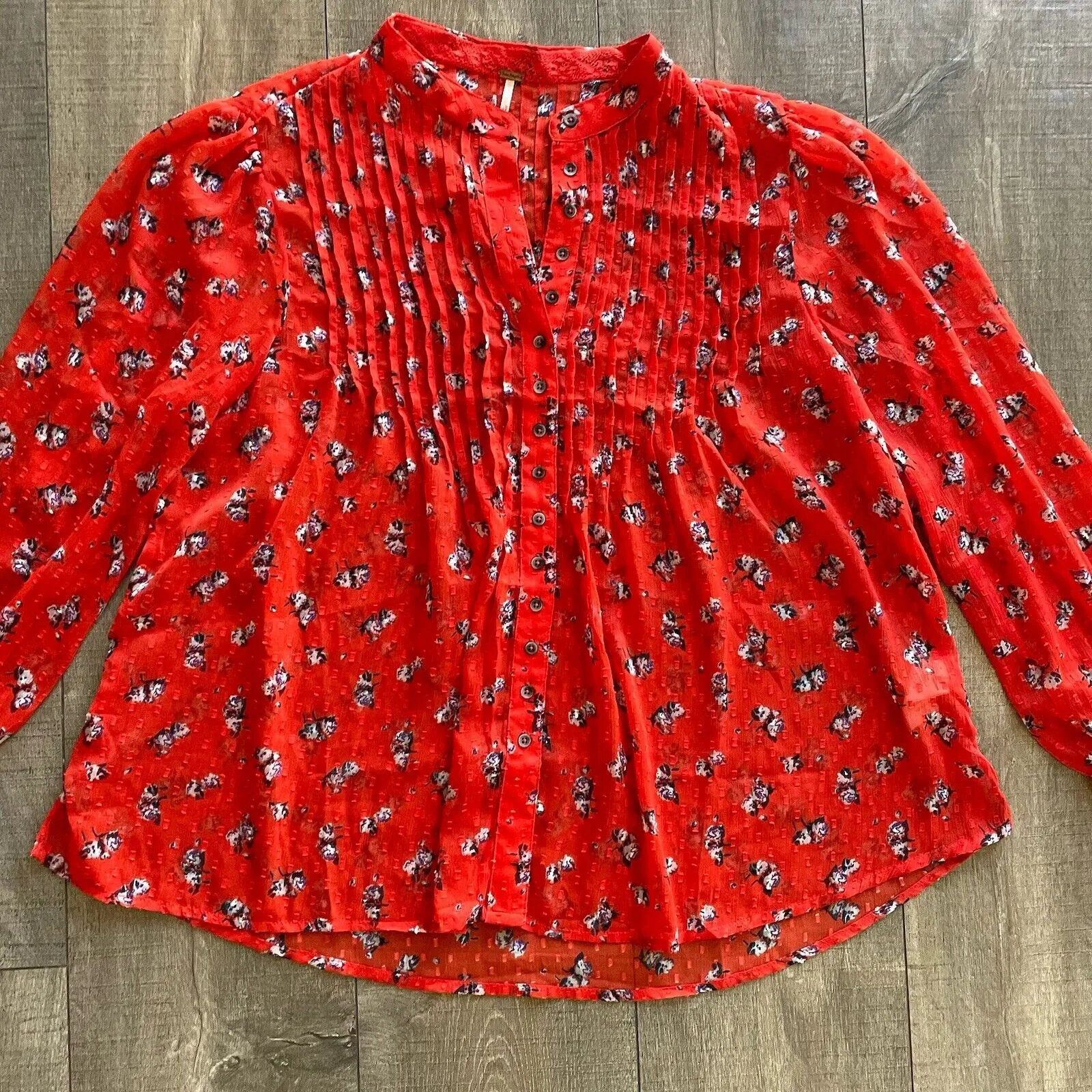 Free People Flowers In December Blouse Top‎ Women's S Red boho Cottagecore sheer - Image 12