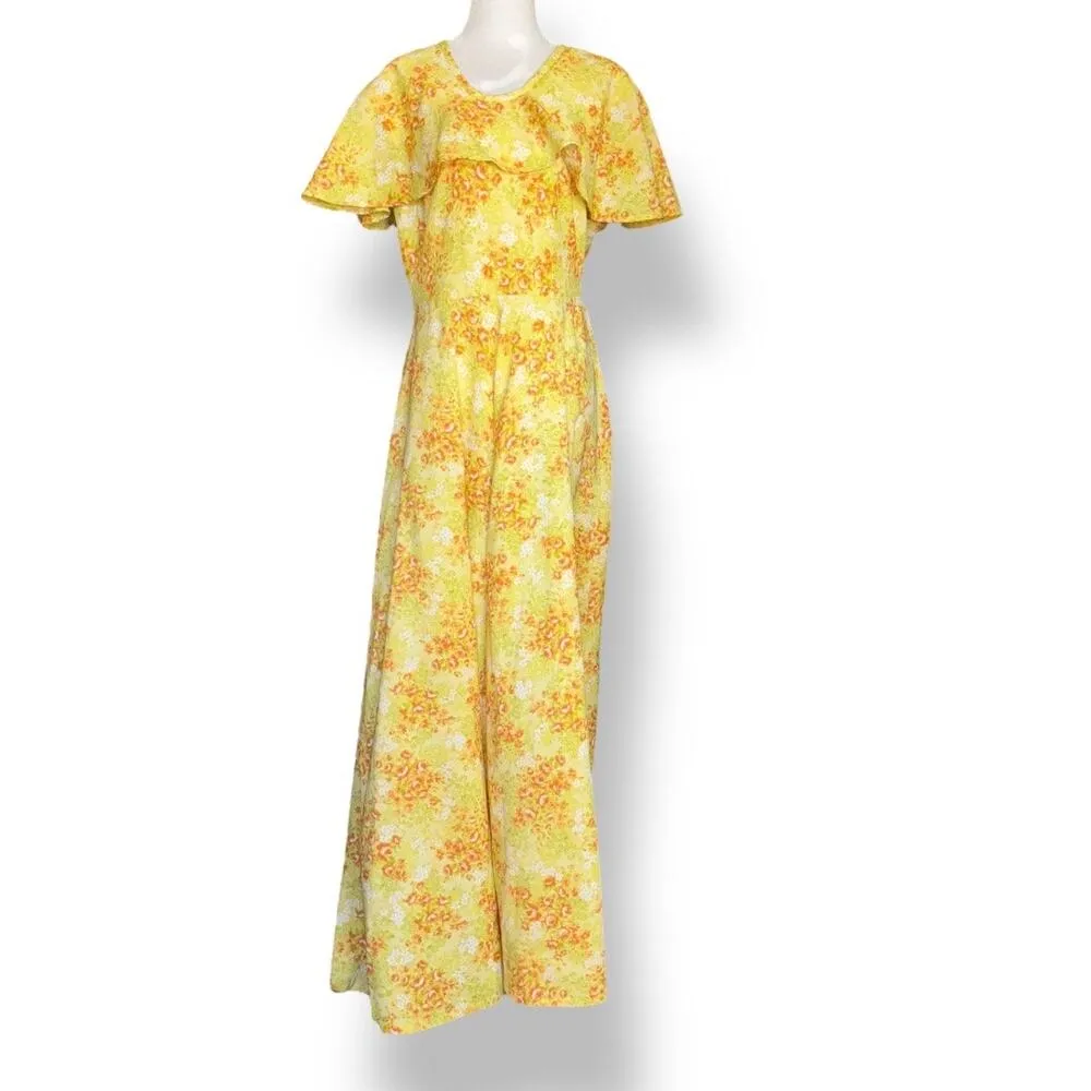 Vintage Handmade 70s Yellow Floral Maxi Dress Ruffle Cape Sleeve Garden Party - Image 7