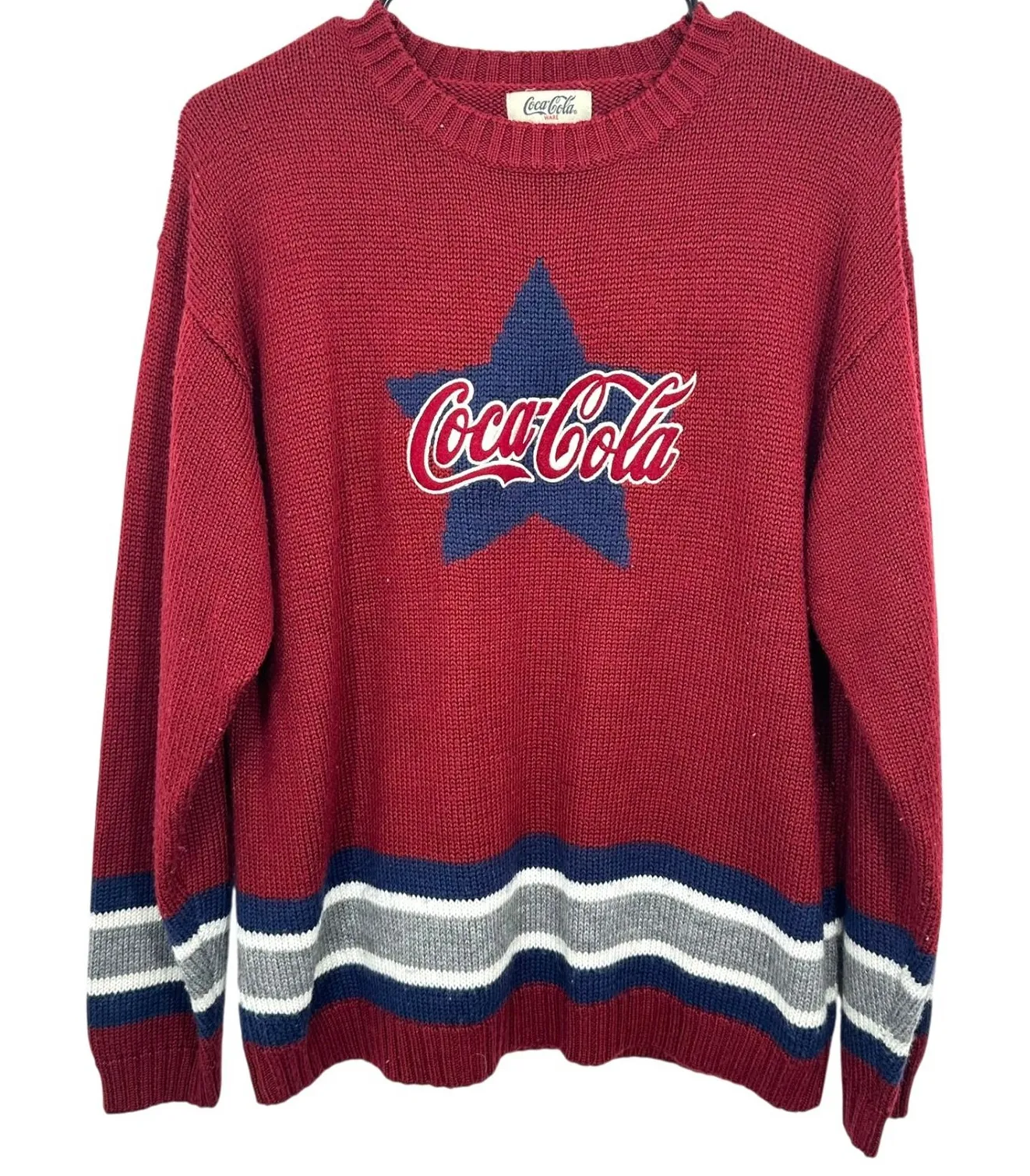Vintage Coca Cola Red Star Sweater Knit Long Sleeve Crew Neck Retro Classic Red Size M - Image 1
